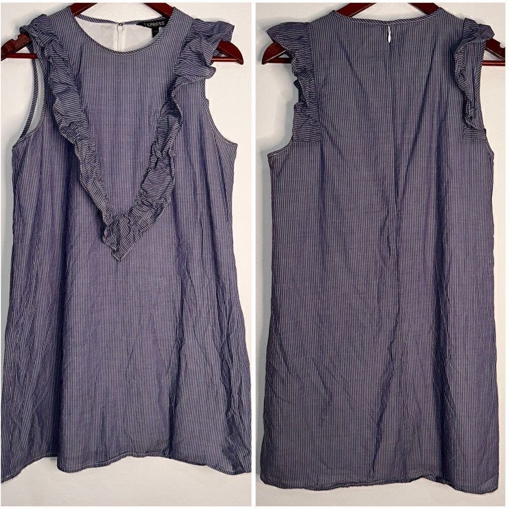 Express Women’s S Blue & White Modern Striped‎ Ruffle Accented Cotton Mini Dress